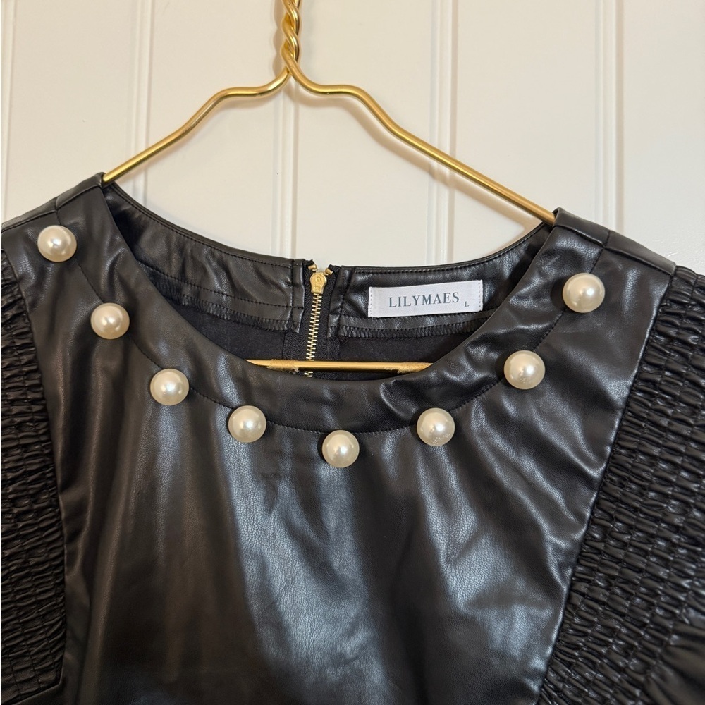 Lilly Mae’s Pearl detail faux leather ruffle sleeve sheath blouse - Picture 6 of 10